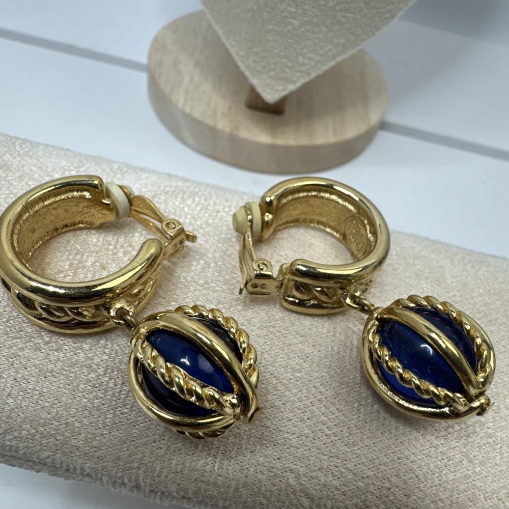 Givenchy Vintage Cabochon Clip On Earrings Lapis Gold Tone Roped Signed